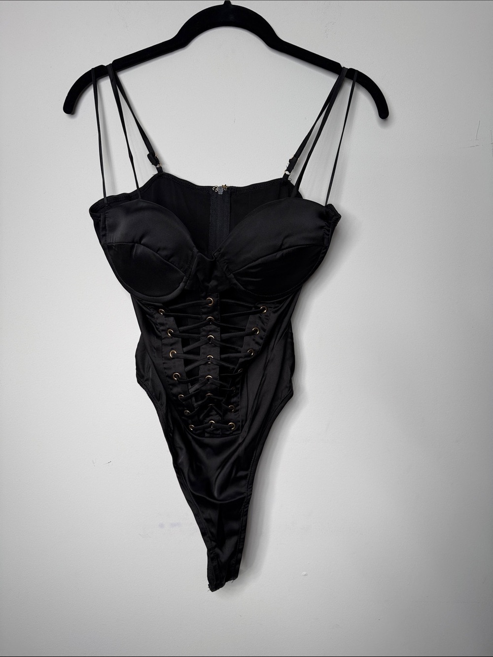 SHEIN Black Lace-Up Satin Corset Bodysuit